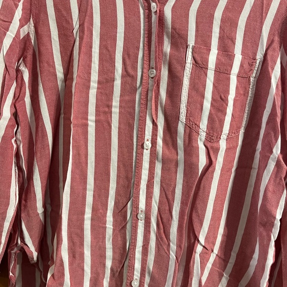 American Eagle Oversize Fit Red and White Stripe Long Sleeve Button Down Blouse - Picture 4 of 8